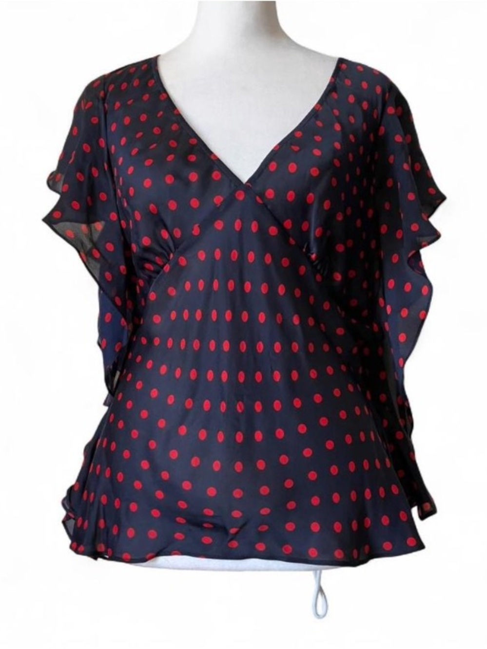 Lauren Ralph Lauren Vintage Blue & Red Polka Dot Flutter Hem Silk Blouse size PL - Picture 2 of 8